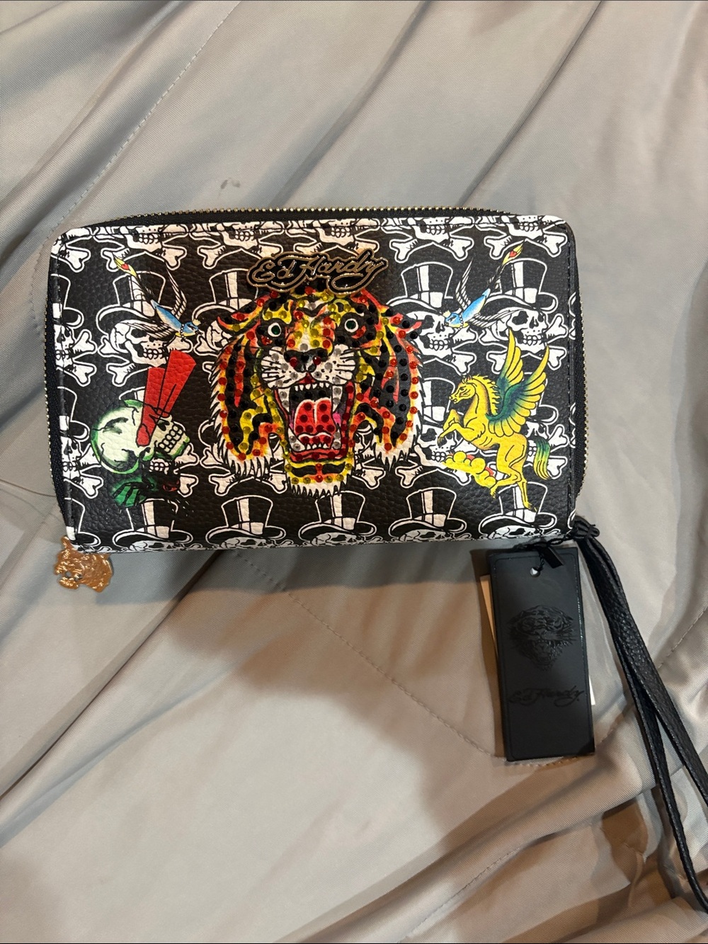 Ed Hardy Black Zip Wallet with Multicolor Tiger and Tattoo Graphics